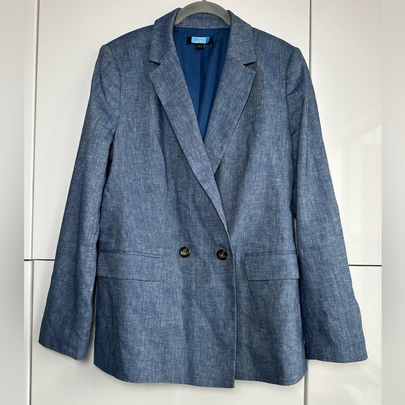 Ann Taylor Linen Chambray Blazer Size 12 Blue Jacket Office Career Internship - Picture 1 of 7